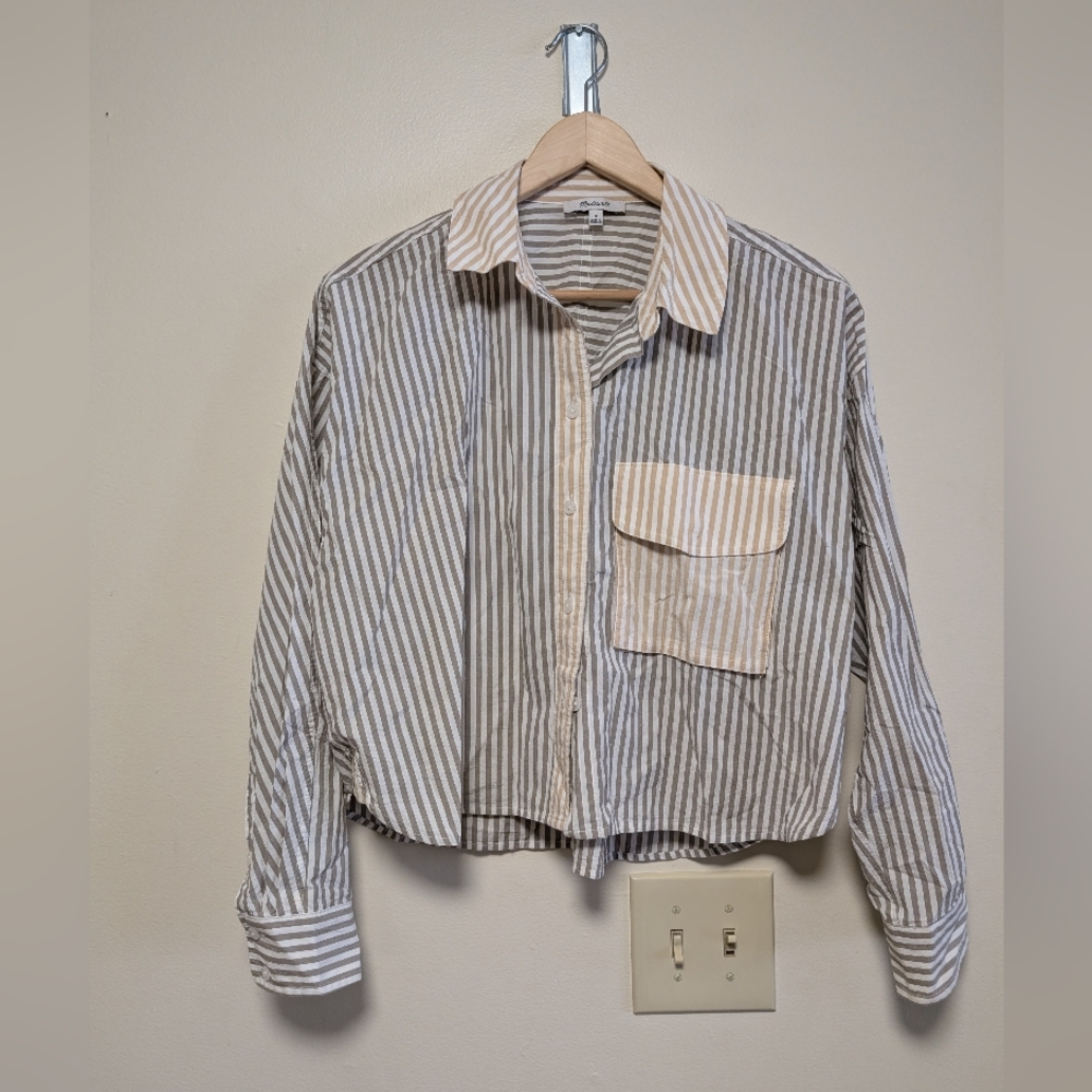 Madewell Striped Button Front Shirt Cropped Cotton Long Sleeve M - Picture 2 of 7